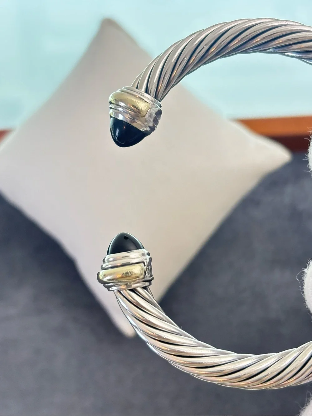 David Yurman 925 & 14k Gold 7mm Bracelet with Black Onyx-Medium